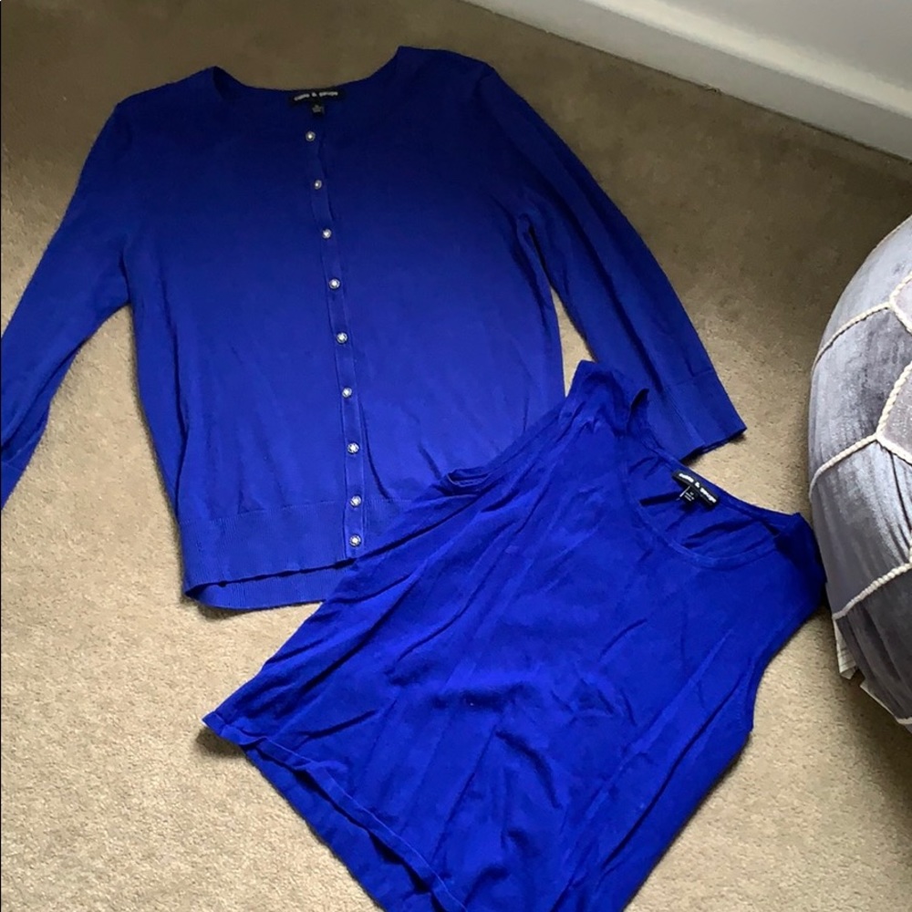 Blue button up cardigan with matching tank top.